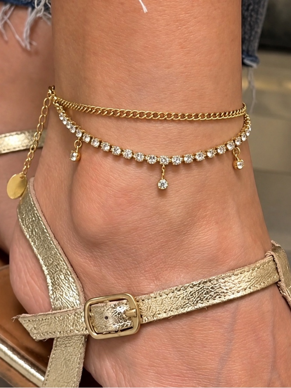 Rhinestone Layered Anklet Double Chain 14K Gold Plated WaterResistant Adjustable